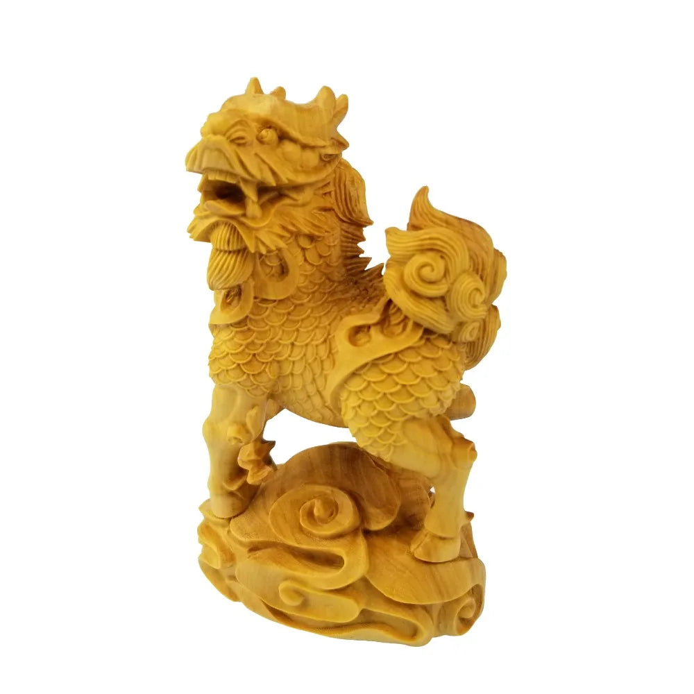 A Pair Of Chinese Unicorn Lion And Sinus Wood Carving Dragon Mascot Wooden Sculpture Furniture Decoration
