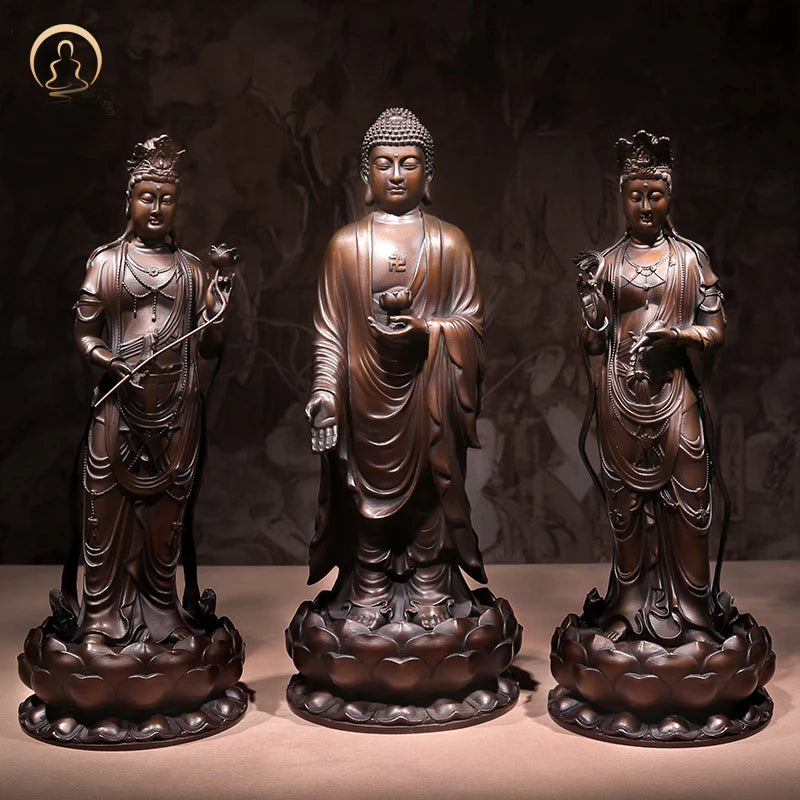 A SET 3P # GOOD figure of Buddha HOME temple Shrine Protection # Tantra Buddhism Amitabha Sakyamuni Guanyin Buddha Bronze statue