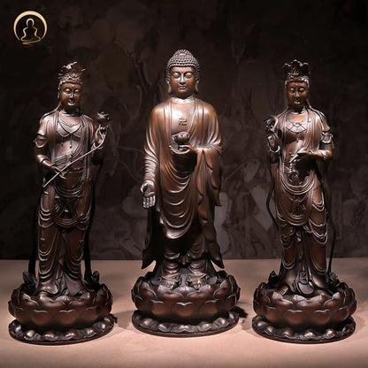 A SET 3P # GOOD figure of Buddha HOME temple Shrine Protection # Tantra Buddhism Amitabha Sakyamuni Guanyin Buddha Bronze statue