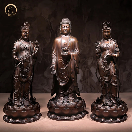 A SET 3P # GOOD figure of Buddha HOME temple Shrine Protection # Tantra Buddhism Amitabha Sakyamuni Guanyin Buddha Bronze statue