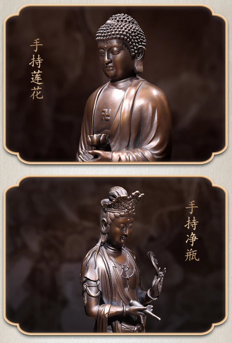 A SET 3P # GOOD figure of Buddha HOME temple Shrine Protection # Tantra Buddhism Amitabha Sakyamuni Guanyin Buddha Bronze statue