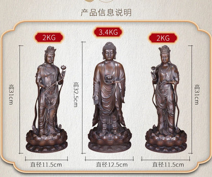 A SET 3P # GOOD figure of Buddha HOME temple Shrine Protection # Tantra Buddhism Amitabha Sakyamuni Guanyin Buddha Bronze statue