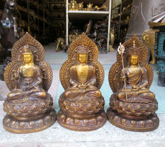 A SET 3p-HOME SHOP Temple Lobby Safety GOOD luck efficacious Protection Lotus Guanyin ksitigarbha Sakyamuni Buddha bronze statue