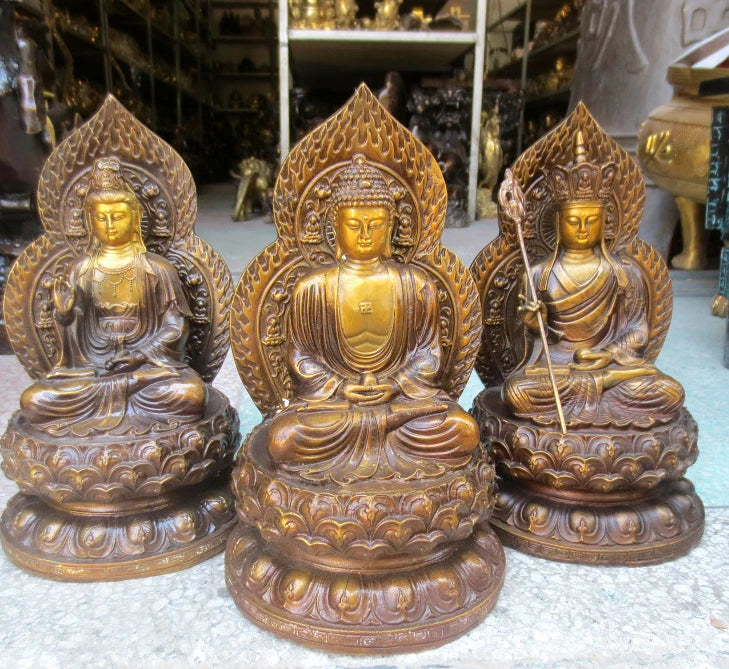A SET 3p-HOME SHOP Temple Lobby Safety GOOD luck efficacious Protection Lotus Guanyin ksitigarbha Sakyamuni Buddha bronze statue