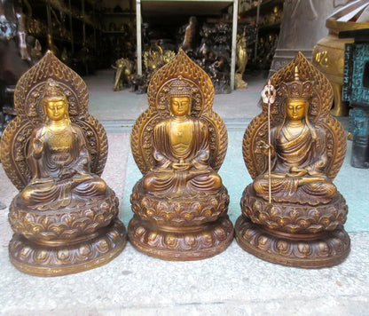 A SET 3p-HOME SHOP Temple Lobby Safety GOOD luck efficacious Protection Lotus Guanyin ksitigarbha Sakyamuni Buddha bronze statue