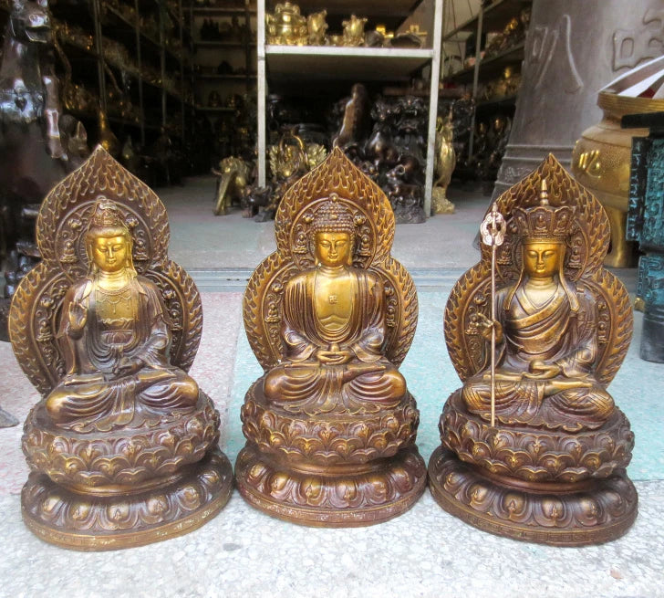 A SET 3p-HOME SHOP Temple Lobby Safety GOOD luck efficacious Protection Lotus Guanyin ksitigarbha Sakyamuni Buddha bronze statue