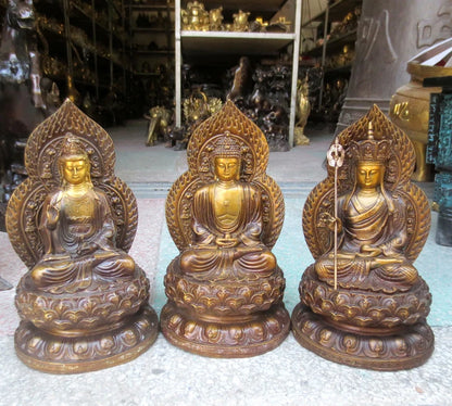 A SET 3p-HOME SHOP Temple Lobby Safety GOOD luck efficacious Protection Lotus Guanyin ksitigarbha Sakyamuni Buddha bronze statue
