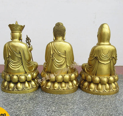 A SET 3p-large HOME SHOP Temple Lobby  efficacious Protection GOOD luck Lotus Guanyin ksitigarbha Sakyamuni Buddha brass statue