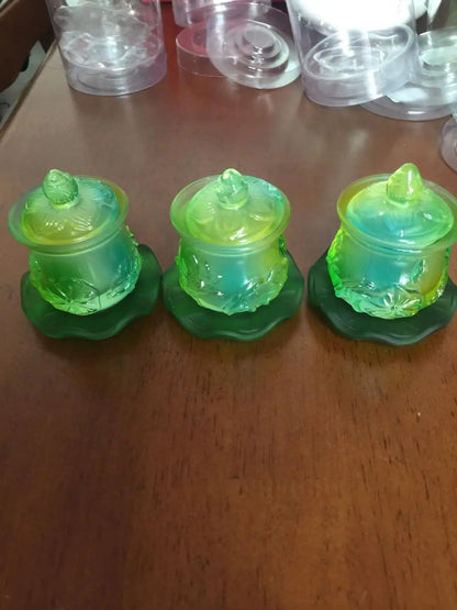 A SET # Asia HOME family Protection Talisman CRYSTAL Worship censer +3P Color Glaze Lotus saintly temple cup Holy water cup