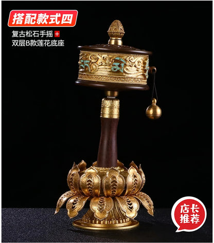 A SET & HOME protection high grade Buddhism recite chant scriptures Mantra Turning Scripture prayer wheel + copper flower base