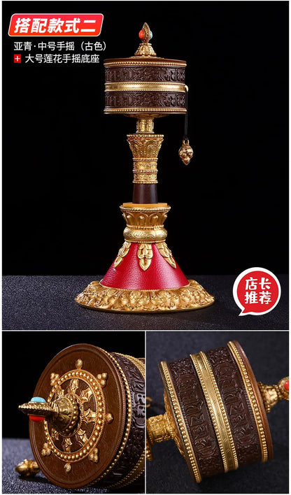 A SET HOME protection high grade Tibet temple Buddhism TOP recite chant scriptures Mantra Turning Scripture prayer wheel + base