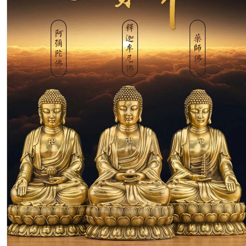 A Set 3P Asia HOME Temple Shrine GOOD LUCK Safe Protection Buddhism Amitabha Sakyamuni Medicine Buddha SAN BAO FO Bronze statue