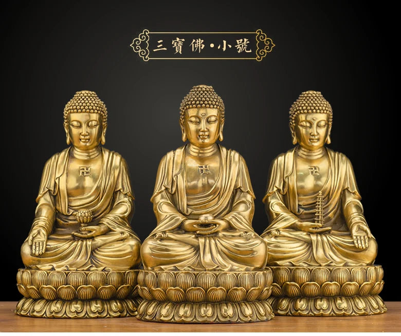 A Set 3P Asia HOME Temple Shrine GOOD LUCK Safe Protection Buddhism Amitabha Sakyamuni Medicine Buddha SAN BAO FO Bronze statue