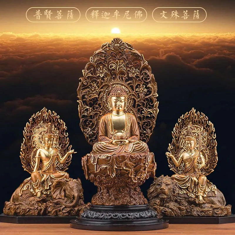 A Set 3P Asia HOME Temple Shrine Protection Tantra Buddhism Amitabha Sakyamuni Buddha Manjusri Samantabhadra PU SA Bronze statue