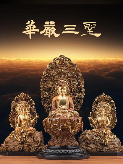 A Set 3P Asia HOME Temple Shrine Protection Tantra Buddhism Amitabha Sakyamuni Buddha Manjusri Samantabhadra PU SA Bronze statue