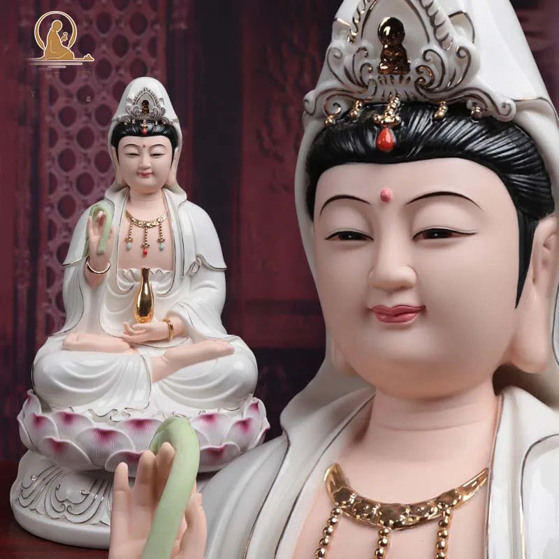A Set 3PCS Asia high grade GOOD Porcelain Guan yin bodhisattva TONG ZI Buddha Sculpture statue Home efficacious Talisman 40CM L