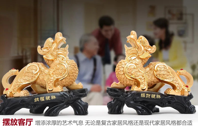 A pair # GOOD office homeTalisman Protection Money Drawing 3D Propitious gold PI XIU Sculpture FENG SHUI art statue