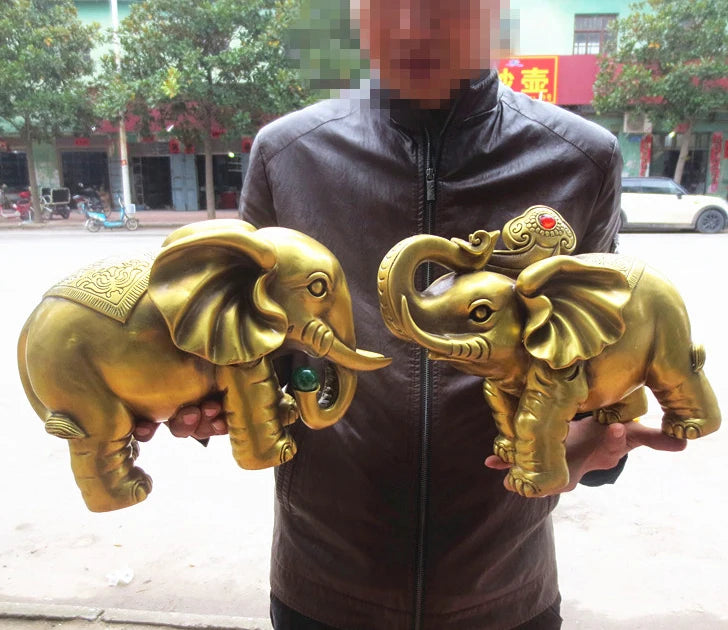 A pair --HOME office SHOP Business ART Money Drawing GOOD LUCK Mascot # India Thailand FU Elephant FENG SHUI Brass statue