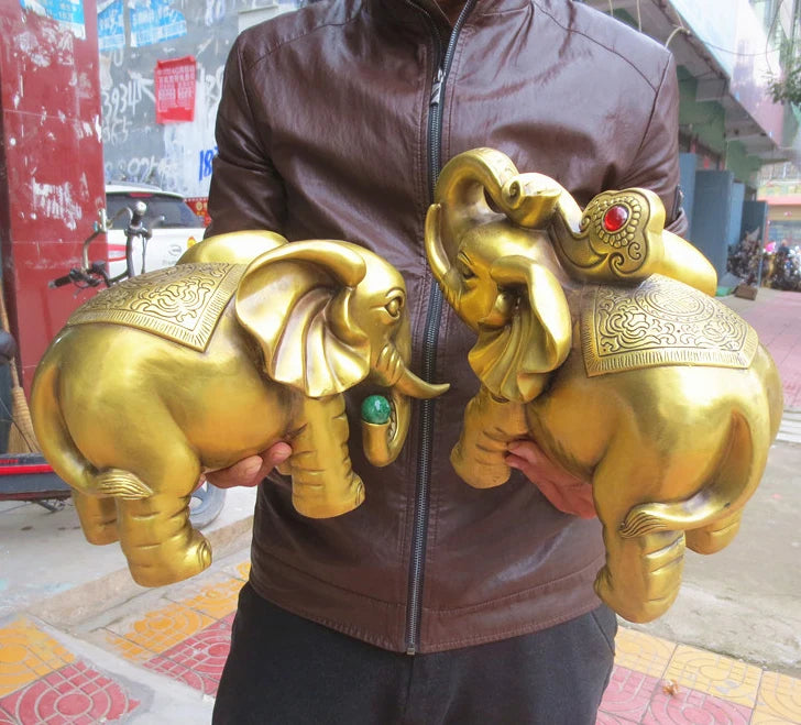 A pair --HOME office SHOP Business ART Money Drawing GOOD LUCK Mascot # India Thailand FU Elephant FENG SHUI Brass statue