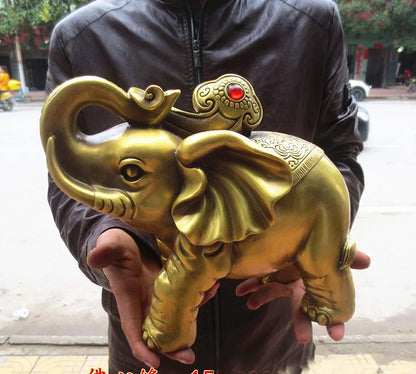 A pair --HOME office SHOP Business ART Money Drawing GOOD LUCK Mascot # India Thailand FU Elephant FENG SHUI Brass statue