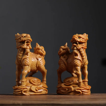 A pair Solid Wood Carving  Kirin mascot ornament，Wooden hand-carved，Chinese style home decor figurines，gift crafts