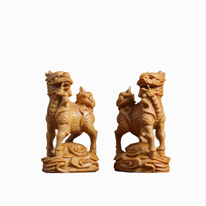 A pair Solid Wood Carving  Kirin mascot ornament，Wooden hand-carved，Chinese style home decor figurines，gift crafts