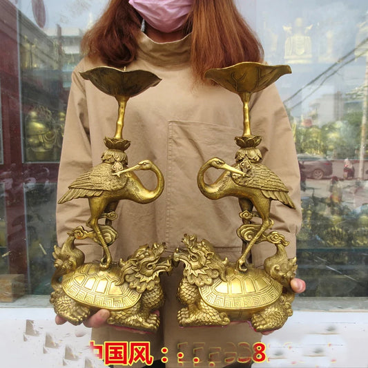 A pair home shop company lobby thriving business Money Drawing GOOD LUCK Mascot Turtle Crane candleholder FENG SHUI Brass statue