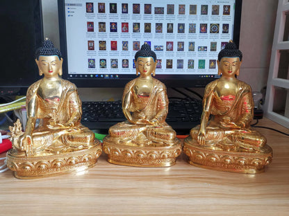 A set 3P Sakyamuni Medicine Amitabha buddha statue Buddhism temple HOME gilded copper Buddha statue bless safe health good luck