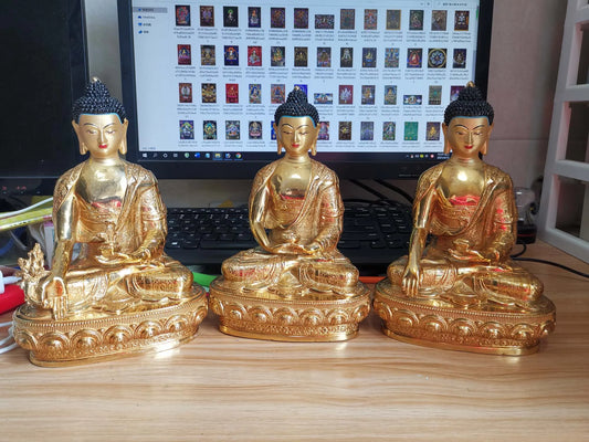 A set 3P Sakyamuni Medicine Amitabha buddha statue Buddhism temple HOME gilded copper Buddha statue bless safe health good luck
