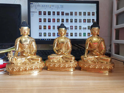 A set 3P Sakyamuni Medicine Amitabha buddha statue Buddhism temple HOME gilded copper Buddha statue bless safe health good luck
