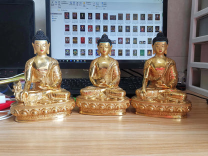 A set 3P Sakyamuni Medicine Amitabha buddha statue Buddhism temple HOME gilded copper Buddha statue bless safe health good luck