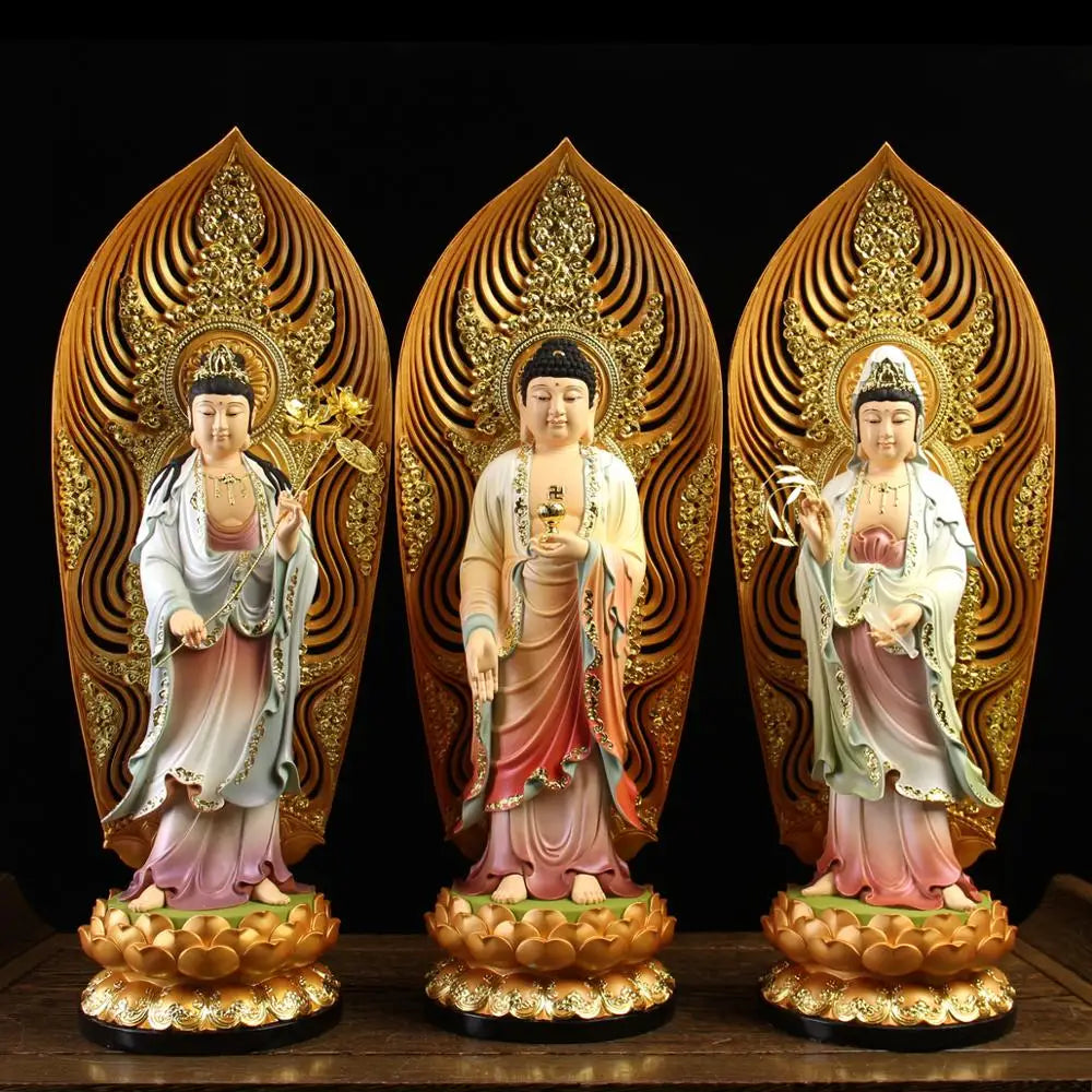 A set 3PCS  Large HOME shrine protection Buddhism XI FANG SANSHENG Standing Guan yin Amitabha Mahasthamaprapta Buddha statue