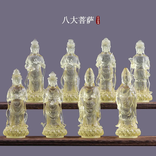 A set of 12.5cm eight Buddha statues Avalokiteshvara standing statue Coloured glaze handicrafts