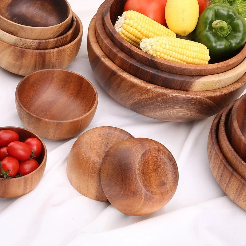 Acacia Wood Size Solid Wood Bowl Japanese Anti-scalding Wooden Bowl Whole Wood Soup Bowl Fruit Salad Bowl Set