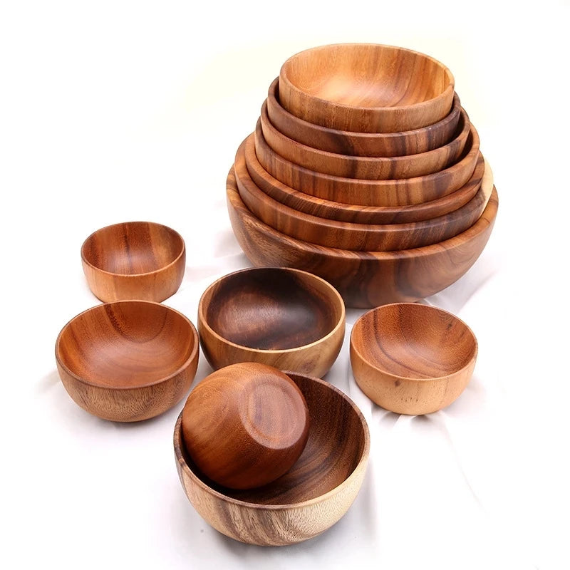 Acacia Wood Size Solid Wood Bowl Japanese Anti-scalding Wooden Bowl Whole Wood Soup Bowl Fruit Salad Bowl Set