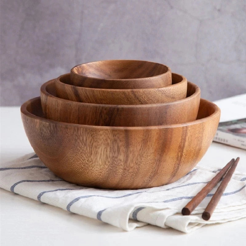 Acacia Wood Size Solid Wood Bowl Japanese Anti-scalding Wooden Bowl Whole Wood Soup Bowl Fruit Salad Bowl Set