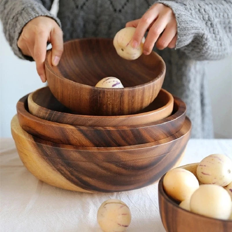 Acacia Wood Size Solid Wood Bowl Japanese Anti-scalding Wooden Bowl Whole Wood Soup Bowl Fruit Salad Bowl Set