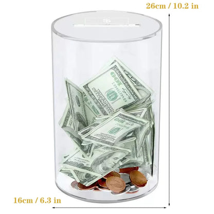 Acrylic cylindrical Piggy bank tirelire qui ne s’ouvre pas Transparent Thickened large-capacity money-saving box 20-25cm