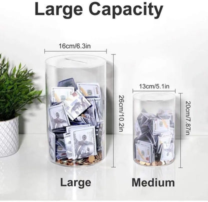 Acrylic cylindrical Piggy bank tirelire qui ne s’ouvre pas Transparent Thickened large-capacity money-saving box 20-25cm
