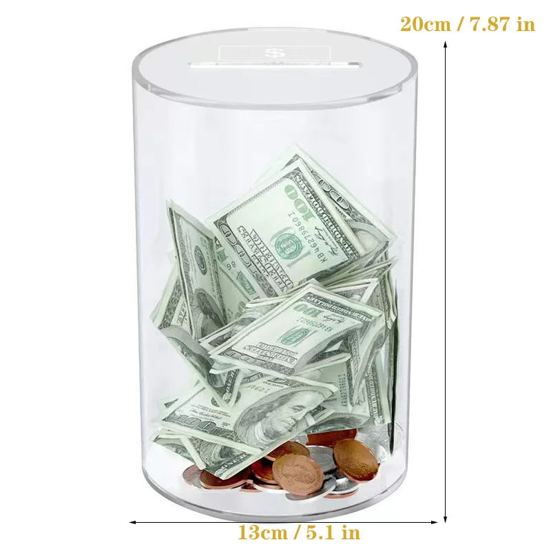 Acrylic cylindrical Piggy bank tirelire qui ne s’ouvre pas Transparent Thickened large-capacity money-saving box 20-25cm