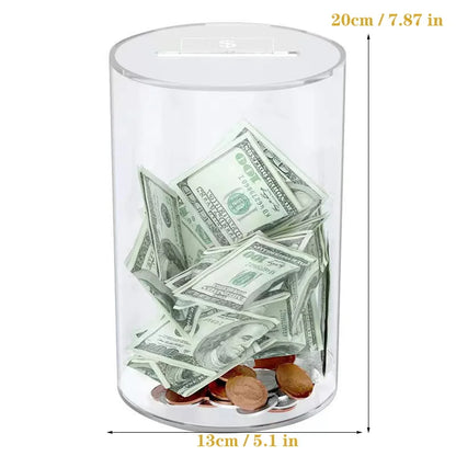 Acrylic cylindrical Piggy bank tirelire qui ne s’ouvre pas Transparent Thickened large-capacity money-saving box 20-25cm