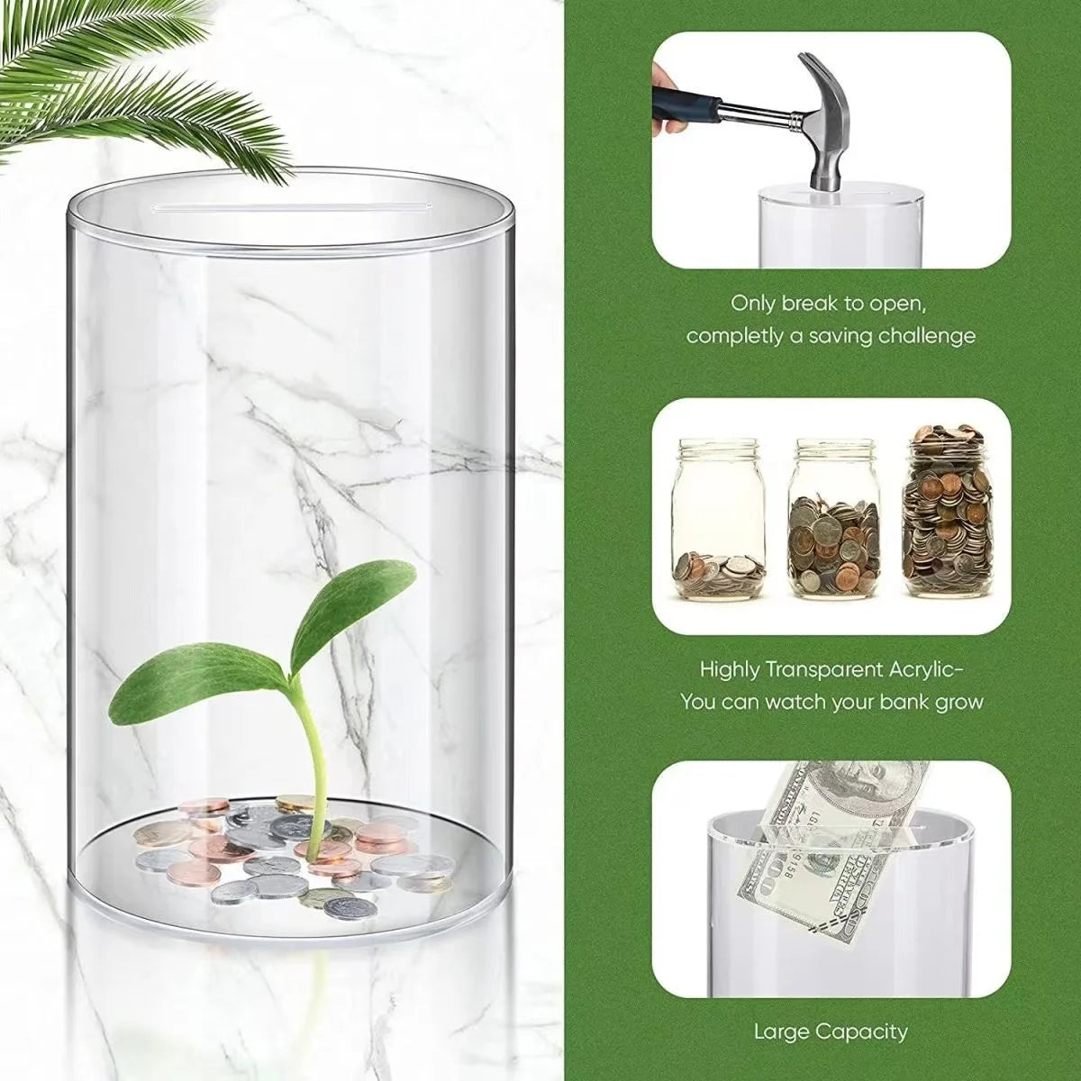 Acrylic cylindrical Piggy bank tirelire qui ne s’ouvre pas Transparent Thickened large-capacity money-saving box 20-25cm