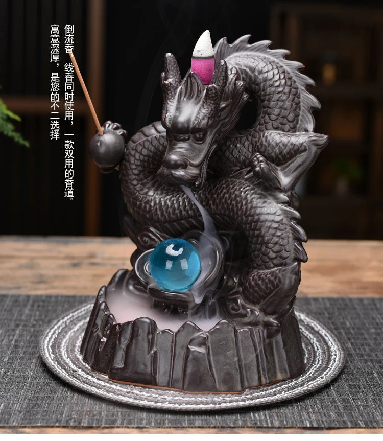 Aisa home OFFICE BAR CLUB FENG SHUI Mascot bring wealth money Good luck Fortune dragon Backflow incense ceramic statue
