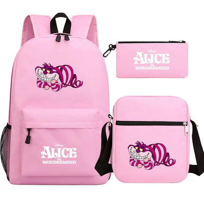 Alice In Wonderland 3Pcs Girl Boy Kids Book Backpack Student School Shoulder Bag Pencil Bag Set Teenager Travel Rucksack