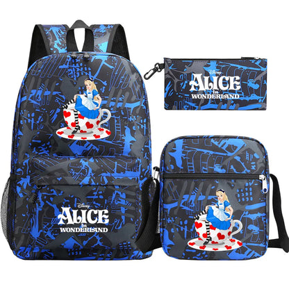 Alice In Wonderland 3Pcs Girl Boy Kids Book Backpack Student School Shoulder Bag Pencil Bag Set Teenager Travel Rucksack