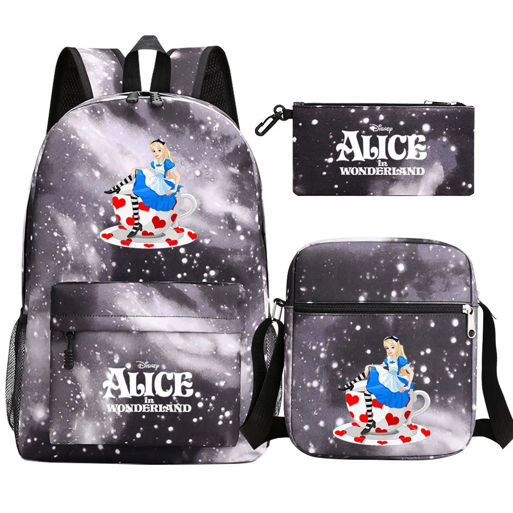 Alice In Wonderland 3Pcs Girl Boy Kids Book Backpack Student School Shoulder Bag Pencil Bag Set Teenager Travel Rucksack