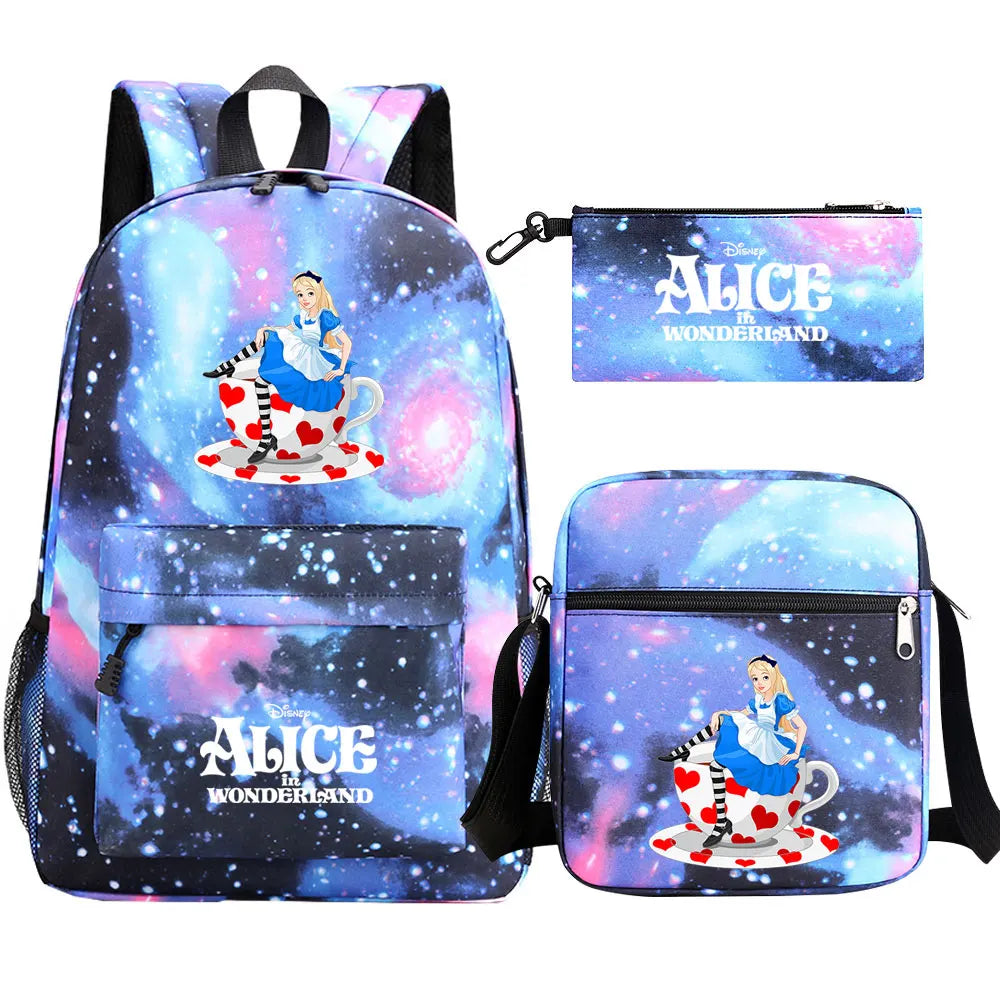Alice In Wonderland 3Pcs Girl Boy Kids Book Backpack Student School Shoulder Bag Pencil Bag Set Teenager Travel Rucksack