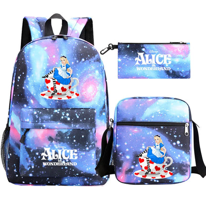 Alice In Wonderland 3Pcs Girl Boy Kids Book Backpack Student School Shoulder Bag Pencil Bag Set Teenager Travel Rucksack