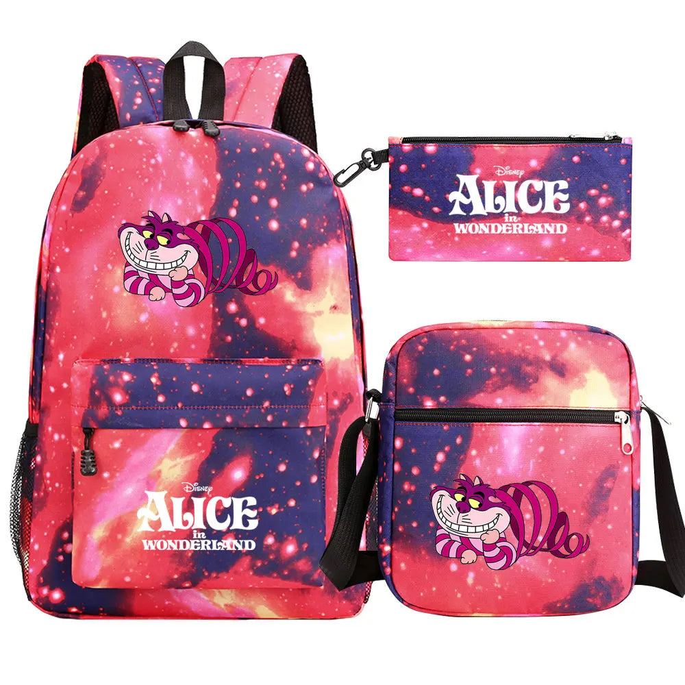 Alice In Wonderland 3Pcs Girl Boy Kids Book Backpack Student School Shoulder Bag Pencil Bag Set Teenager Travel Rucksack