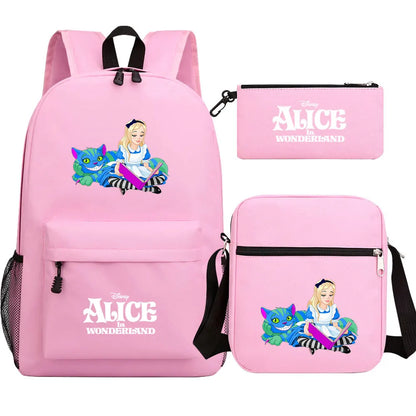 Alice In Wonderland 3Pcs Girl Boy Kids Book Backpack Student School Shoulder Bag Pencil Bag Set Teenager Travel Rucksack